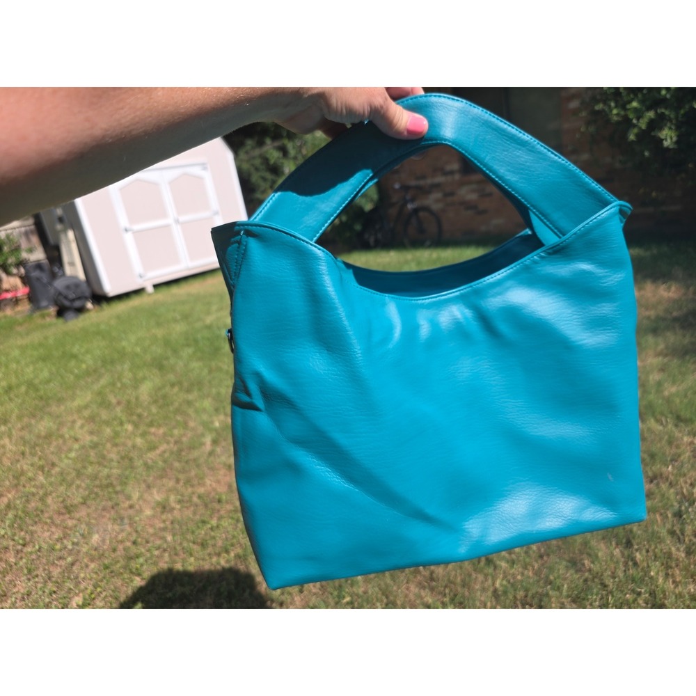 Turquoise Blue Pebbled Vegan Leather Hobo Bag Cut Out Handle Tote Handbag